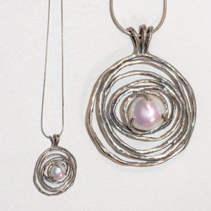 Vintage Sterling Silver Oxidized Nest Pendant with Baroque Pearl